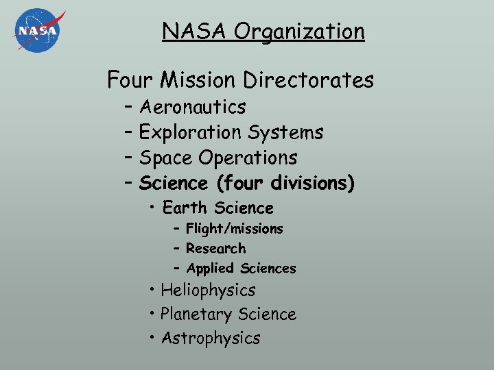 NASA Organization Four Mission Directorates – Aeronautics – Exploration Systems – Space Operations –