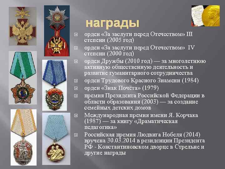 награды орден «За заслуги перед Отечеством» III степени (2005 год) орден «За заслуги перед