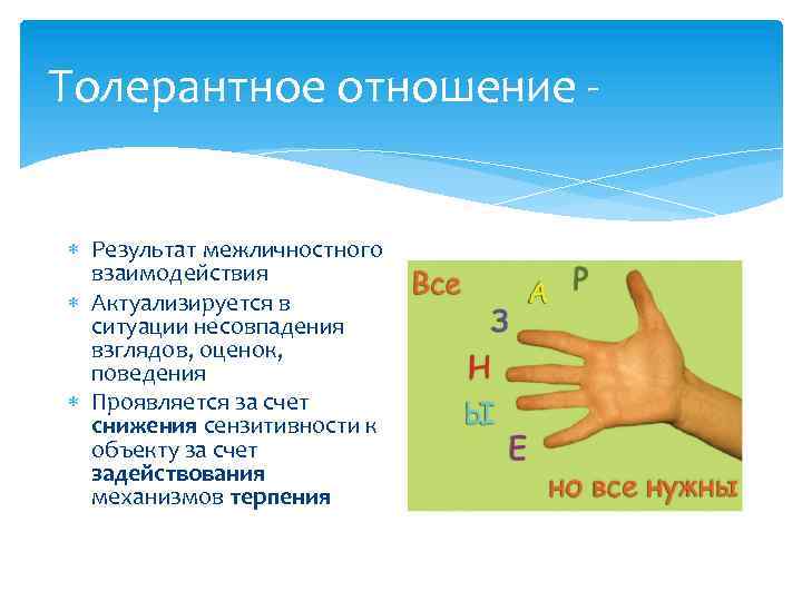 Толерантное отношение - Результат межличностного взаимодействия Актуализируется в ситуации несовпадения взглядов, оценок, поведения Проявляется