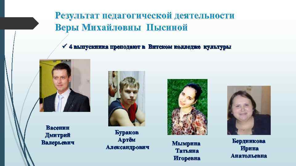 Результат педагогической деятельности Веры Михайловны Пысиной ü 4 выпускника преподают в Вятском колледже культуры