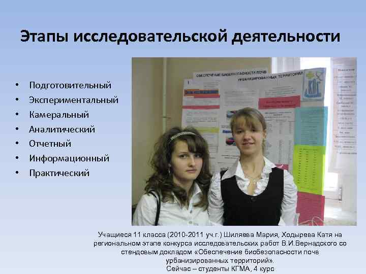 Этапы исследовательской деятельности • • Подготовительный Экспериментальный Камеральный Аналитический Отчетный Информационный Практический Учащиеся 11