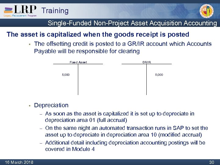 Training Single-Funded Non-Project Asset Acquisition Accounting The asset is capitalized when the goods receipt