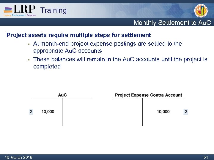 Training Monthly Settlement to Au. C Project assets require multiple steps for settlement §