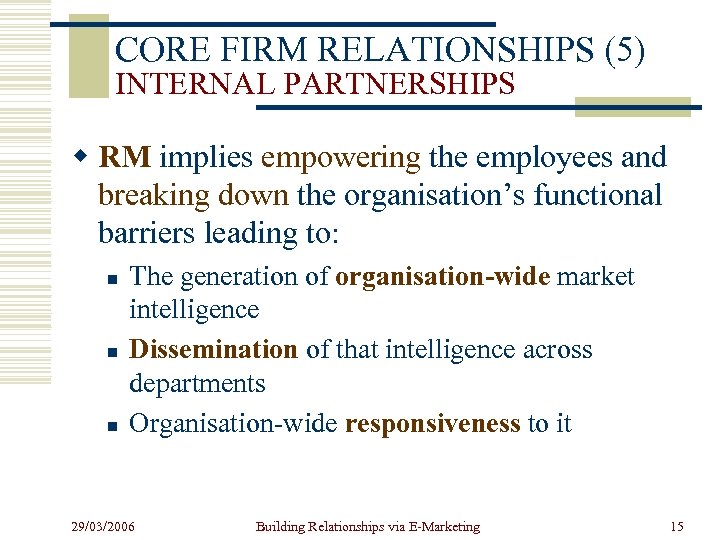 CORE FIRM RELATIONSHIPS (5) INTERNAL PARTNERSHIPS w RM implies empowering the employees and breaking