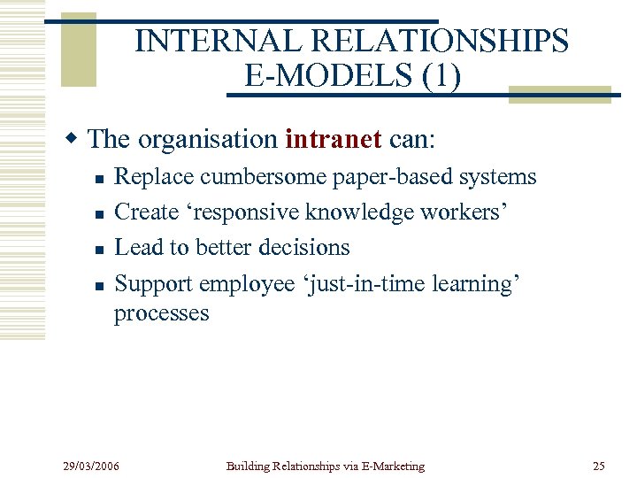 INTERNAL RELATIONSHIPS E-MODELS (1) w The organisation intranet can: n n Replace cumbersome paper-based