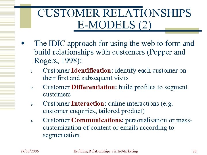 CUSTOMER RELATIONSHIPS E-MODELS (2) w The IDIC approach for using the web to form