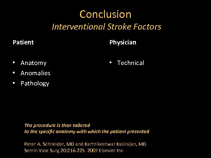 Conclusion Interventional Stroke Factors Patient Physician • Anatomy • Anomalies • Pathology • Technical