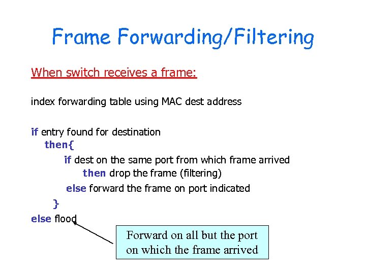 Frame Forwarding/Filtering When switch receives a frame: index forwarding table using MAC dest address