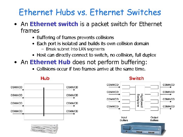 Ethernet Hubs vs. Ethernet Switches • An Ethernet switch is a packet switch for