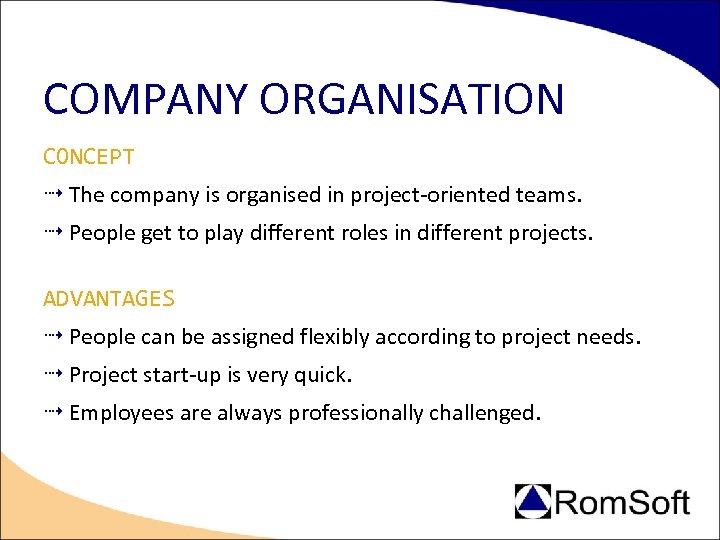 COMPANY ORGANISATION CONCEPT The company is organised in project-oriented teams. People get to play