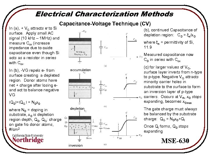 Electrical Characterization Methods e- to Capacitance-Voltage Technique (CV) In (a), + VG attracts Si