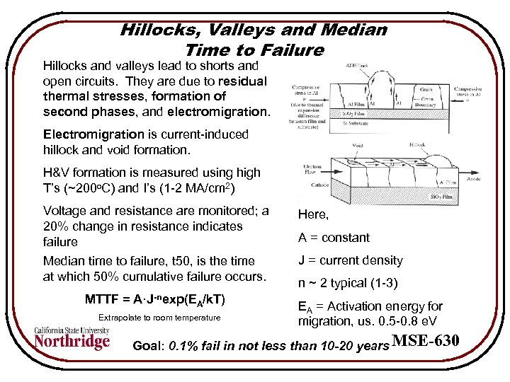 Hillocks, Valleys and Median Time to Failure Hillocks and valleys lead to shorts and