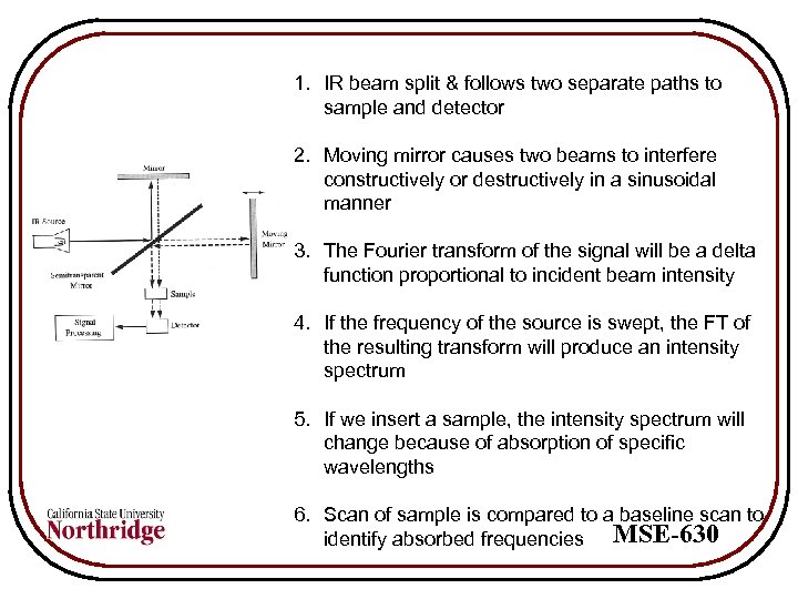1. IR beam split & follows two separate paths to sample and detector 2.
