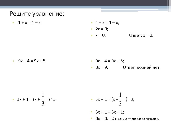 Решите уравнение: • 1+x=1–x • 1 + x = 1 – x; • 2