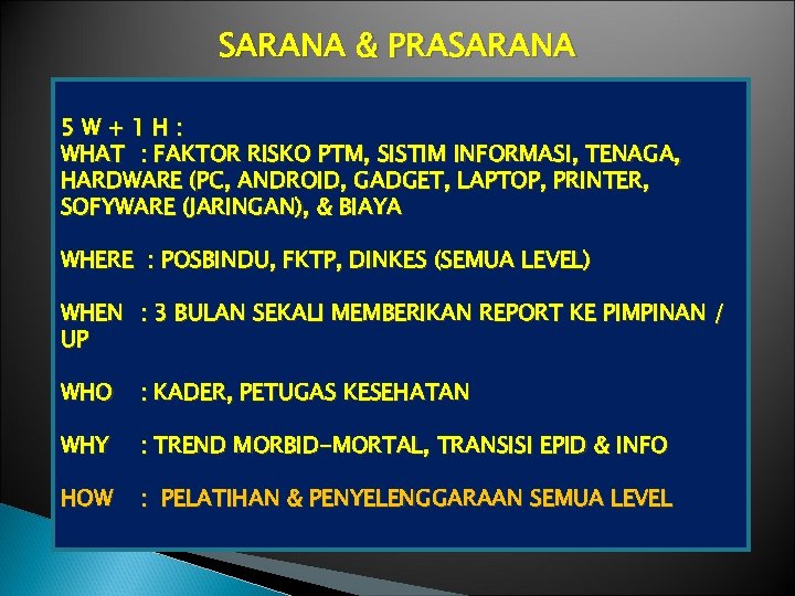 SARANA & PRASARANA 5 W+1 H: WHAT : FAKTOR RISKO PTM, SISTIM INFORMASI, TENAGA,