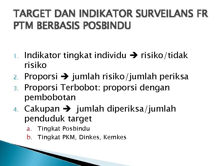 TARGET DAN INDIKATOR SURVEILANS FR PTM BERBASIS POSBINDU 1. 2. 3. 4. Indikator tingkat