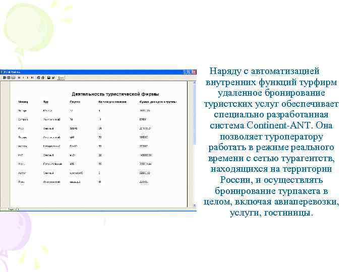 Наряду с автоматизацией внутренних функций турфирм удаленное бронирование туристских услуг обеспечивает специально разработанная система