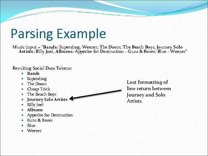 Parsing Example Music input = “Bands: Superdrag, Weezer, The Doors, The Beach Boys, Journey