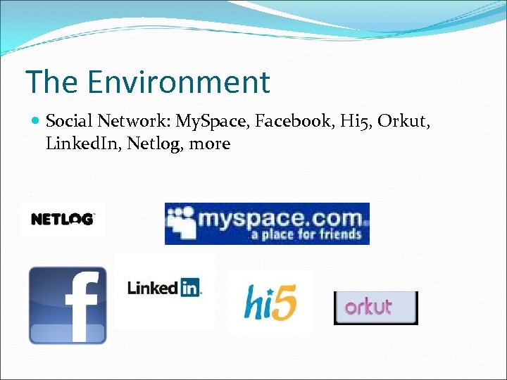 The Environment Social Network: My. Space, Facebook, Hi 5, Orkut, Linked. In, Netlog, more