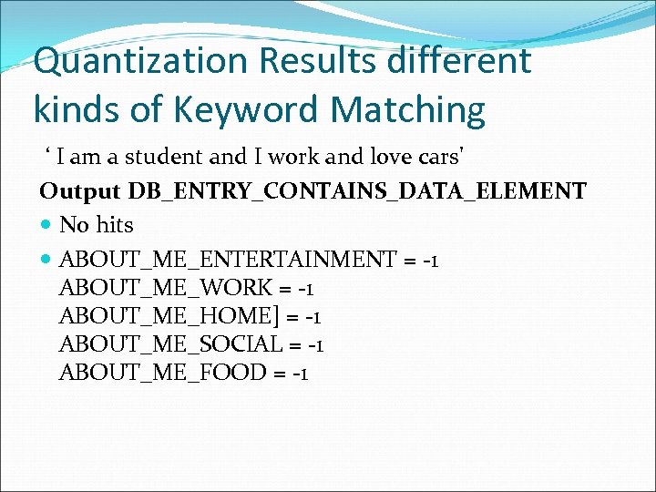 Quantization Results different kinds of Keyword Matching ‘ I am a student and I