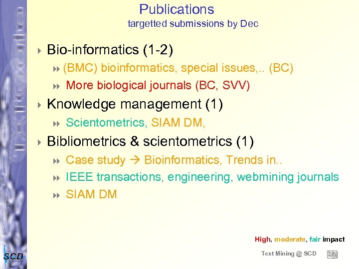 Publications targetted submissions by Dec 4 Bio-informatics (1 -2) 8 (BMC) bioinformatics, special issues,