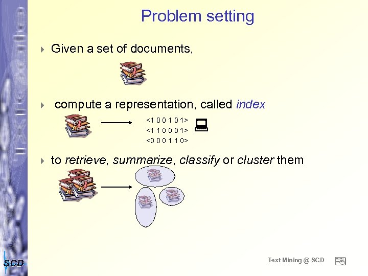 Problem setting 4 4 Given a set of documents, compute a representation, called index