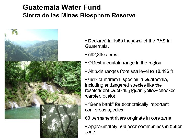 Guatemala Water Fund Sierra de las Minas Biosphere Reserve • Declared in 1989 the