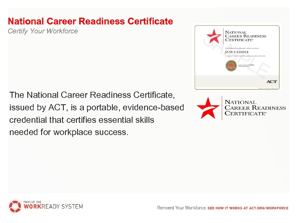 National Career Readiness Certificate Certify Your Workforce The National Career Readiness Certificate, issued by