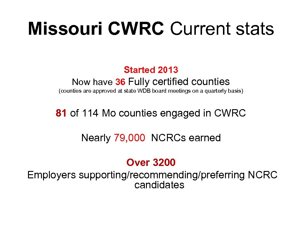 Missouri CWRC Current stats Started 2013 Now have 36 Fully certified counties (counties are