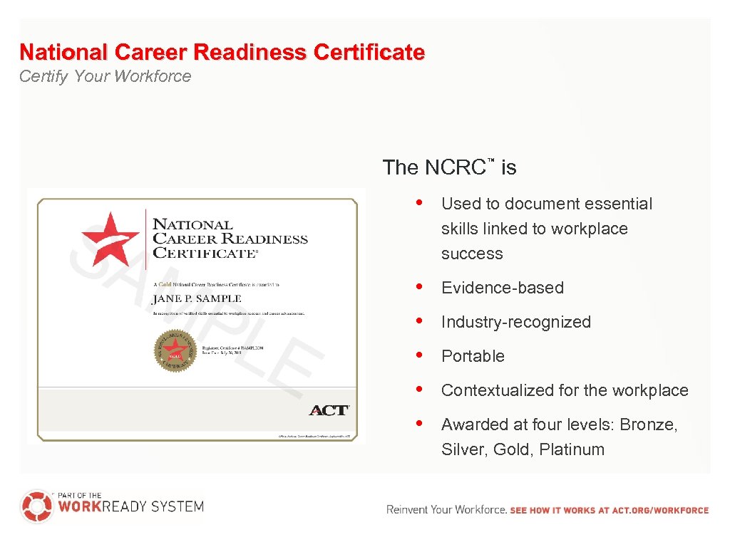 National Career Readiness Certificate Certify Your Workforce The NCRC is ™ • Used to