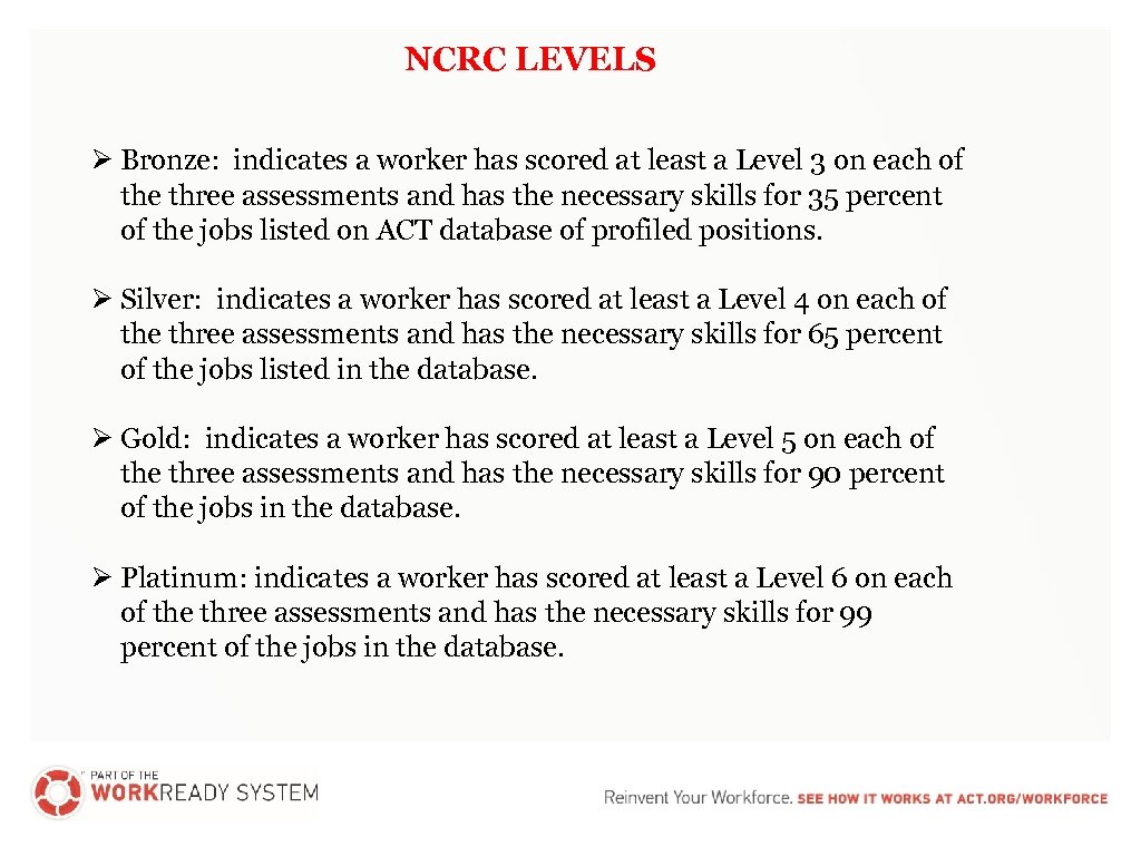 NCRC LEVELS Ø Bronze: indicates a worker has scored at least a Level 3