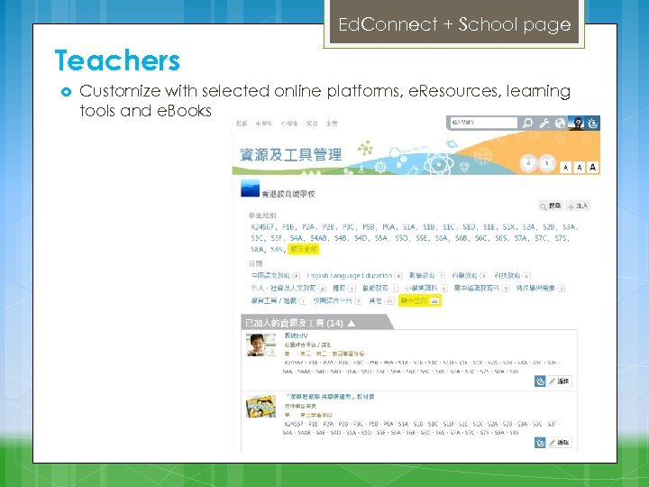 Ed. Connect + School page Teachers Customize with selected online platforms, e. Resources, learning