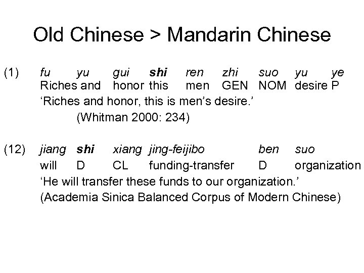 Old Chinese > Mandarin Chinese (1) fu yu gui shi ren zhi suo yu