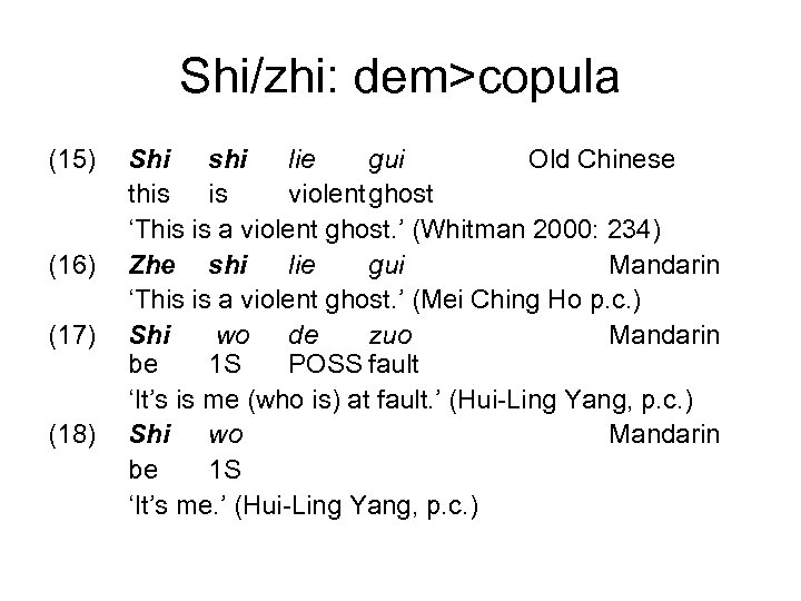 Shi/zhi: dem>copula (15) (16) (17) (18) Shi shi lie gui Old Chinese this is