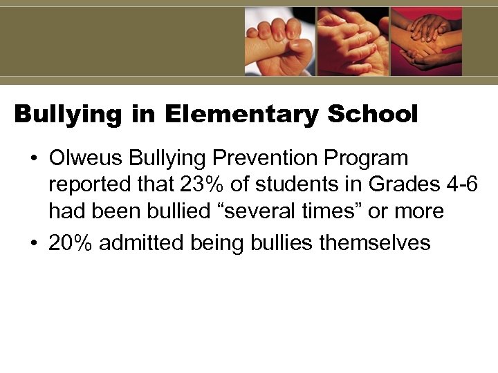 Bullying in Elementary School • Olweus Bullying Prevention Program reported that 23% of students