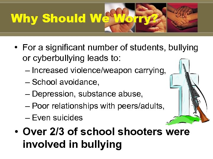Why Should We Worry? • For a significant number of students, bullying or cyberbullying