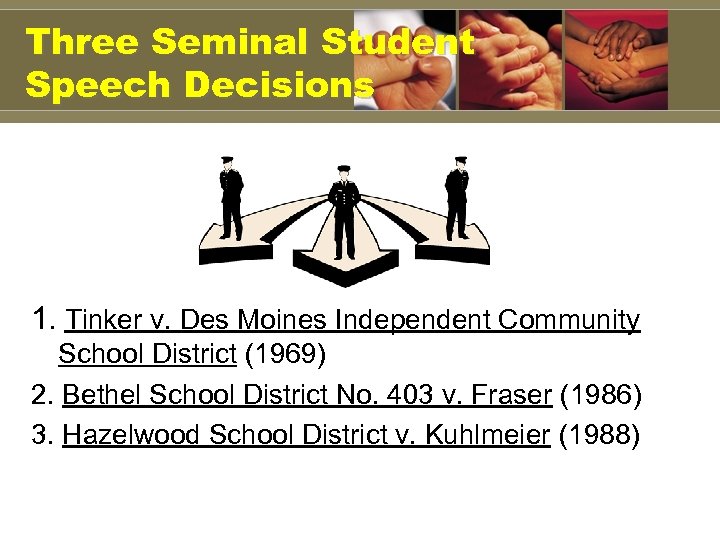 Three Seminal Student Speech Decisions 1. Tinker v. Des Moines Independent Community School District