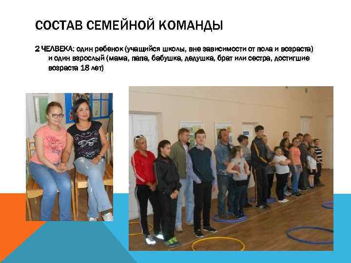 СОСТАВ СЕМЕЙНОЙ КОМАНДЫ 2 ЧЕЛВЕКА: один ребенок (учащийся школы, вне зависимости от пола и