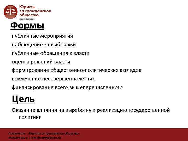 Формы публичные мероприятия наблюдение за выборами публичные обращения к власти оценка решений власти формирование