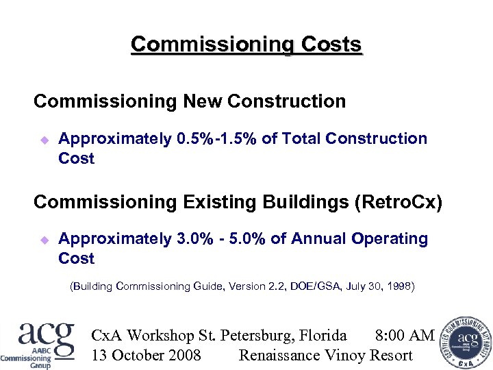 Commissioning Costs Commissioning New Construction Approximately 0. 5%-1. 5% of Total Construction Cost Commissioning