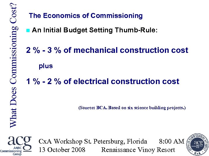 What Does Commissioning Cost? The Economics of Commissioning An Initial Budget Setting Thumb-Rule: 2