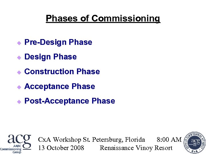Phases of Commissioning Pre-Design Phase Construction Phase Acceptance Phase Post-Acceptance Phase Cx. A Workshop