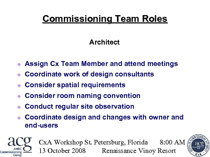 Commissioning Team Roles Architect Assign Cx Team Member and attend meetings Coordinate work of