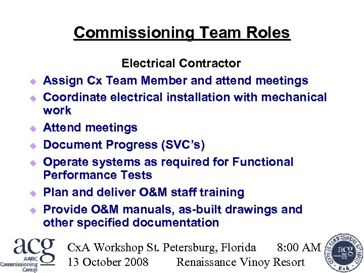 Commissioning Team Roles Electrical Contractor Assign Cx Team Member and attend meetings Coordinate electrical