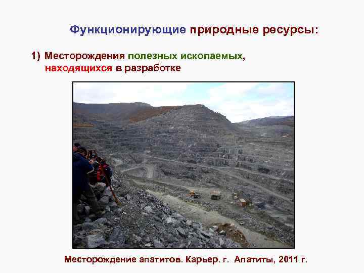 Функционирующие природные ресурсы: 1) Месторождения полезных ископаемых, находящихся в разработке Месторождение апатитов. Карьер. г.