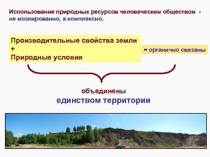 Использование природных ресурсов человеческим обществом не изолированно, а комплексно. Производительные свойства земли + =