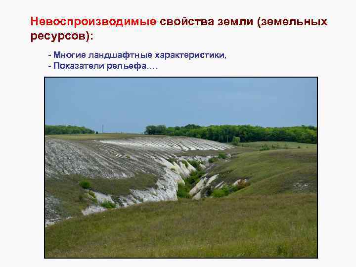 Невоспроизводимые свойства земли (земельных ресурсов): - Многие ландшафтные характеристики, - Показатели рельефа…. 