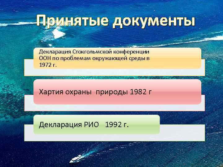 Принятые документы Декларация Стокгольмской конференции ООН по проблемам окружающей среды в 1972 г. Хартия