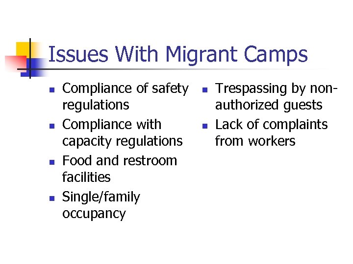 Issues With Migrant Camps n n Compliance of safety regulations Compliance with capacity regulations