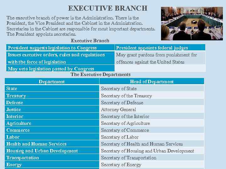 EXECUTIVE BRANCH The executive branch of power is the Administration. There is the President,